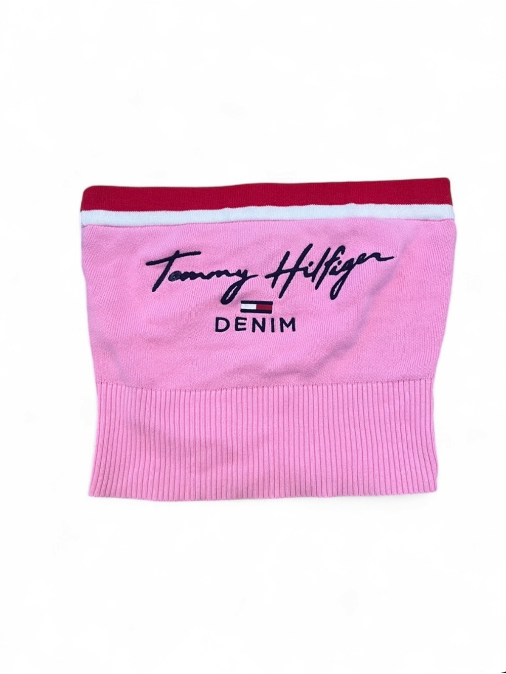 Tommy Hilfiger Pink Strapless Logo Tube Top with Red & White Trim